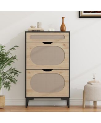 Rattan Shoe Cabinet with 2 Flip Drawers 1 Pull Out Drawer 3 Adjustable Shelves Narrow Shoe Storage.