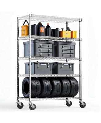 5-Tier Storage Shelves, Heavy Duty Metal Wire Shelving Unit, Adjustable Shelving Rack with Wheels for Basement, Warehouse, Chrome