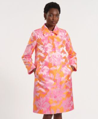 Women's Long-Sleeve Collared Floral Trench Coat