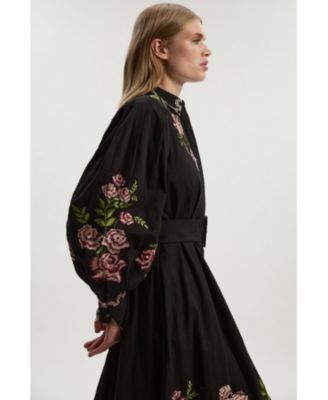 Women's Rose Embroidered Cotton Shirt Dress