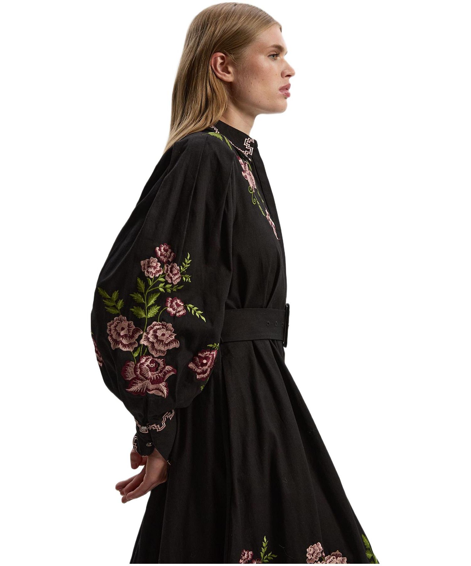 Women's Rose Embroidered Cotton Shirt Dress