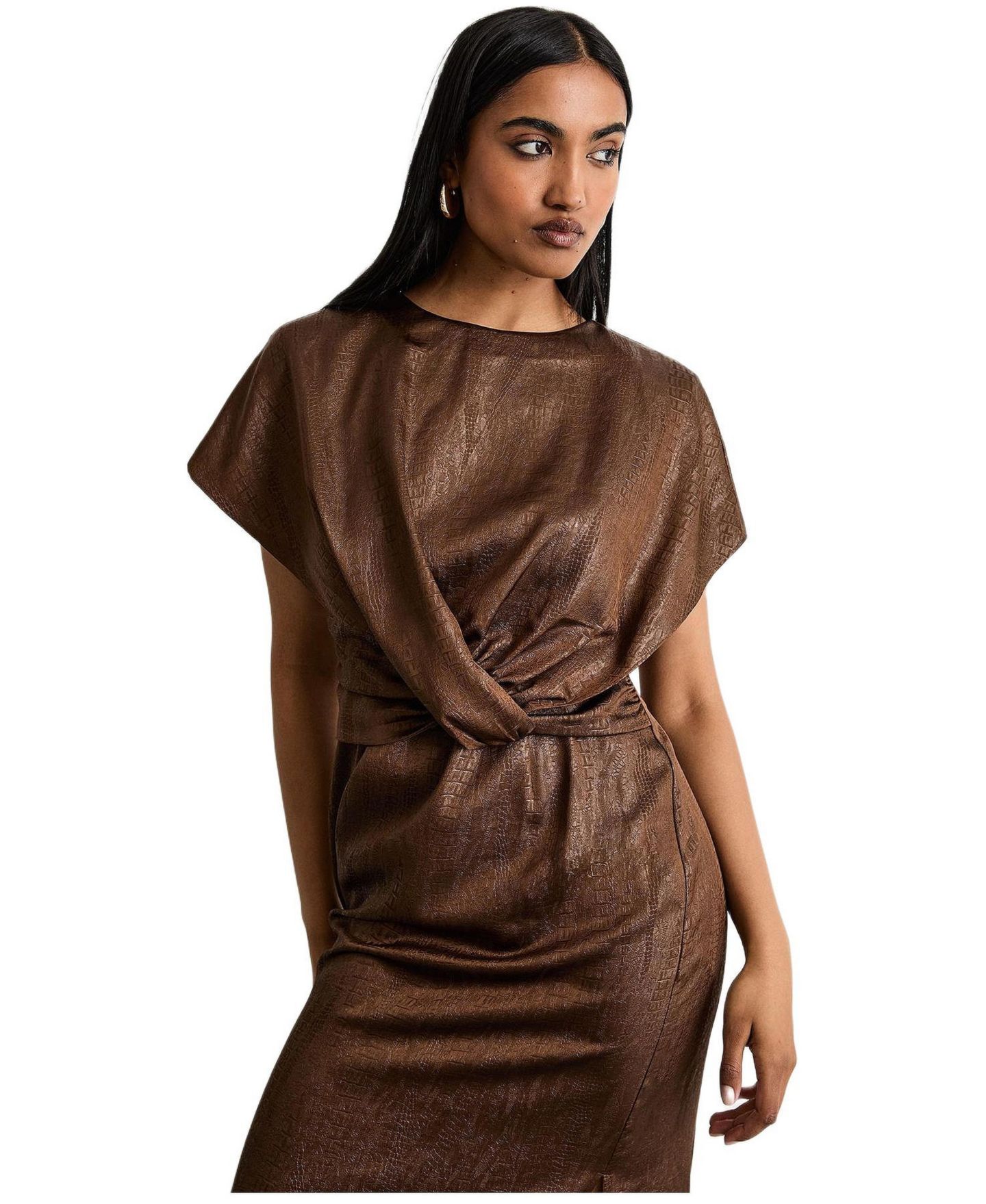 Женское платье Warehouse Leather Look Twist Front Midi, цвет: Шоколадный — фото 2