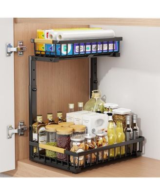 Under Sink Organizer, Under Kitchen Sink Organizers and Storage Basket, Slide Out 2 Tier Metal Shelf, Carbon Steel Pantry Cabinet Organizer