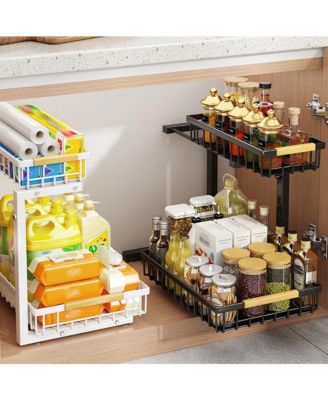 Under Sink Organizer, Under Kitchen Sink Organizers and Storage Basket, Slide Out 2 Tier Metal Shelf, Carbon Steel Pantry Cabinet Organizer