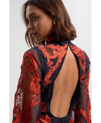 Women's High Neck Embroidered Midi Dress