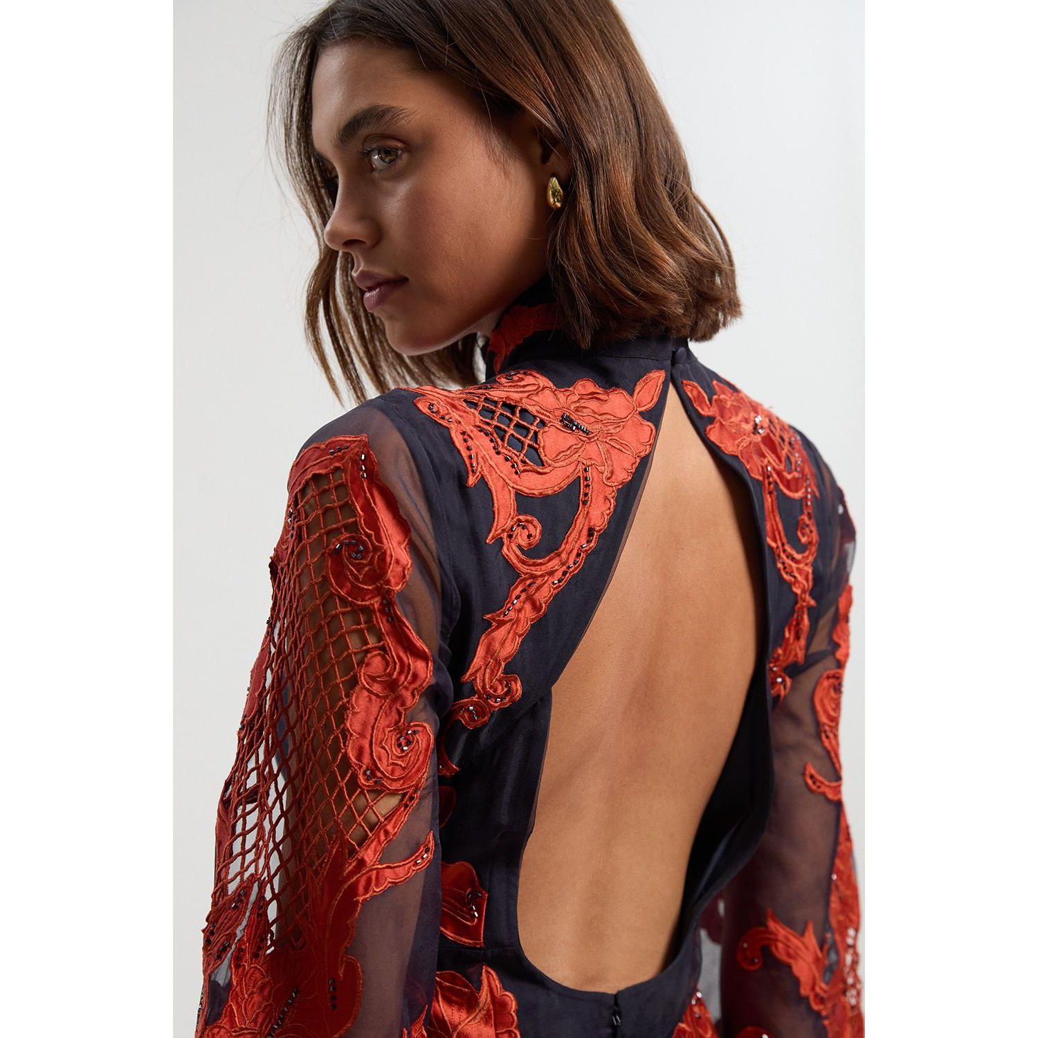 Women's High Neck Embroidered Midi Dress