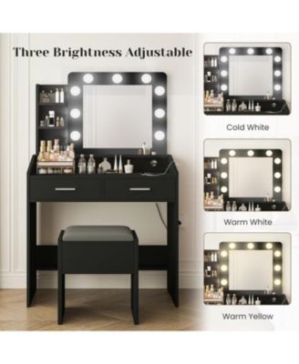 Modern Vanity Desk with Large Mirror, Dimmable LED Lights, Power Outlet, 7 Drawers & Cushioned Stool