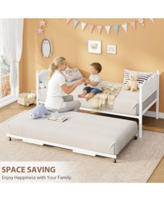 Daybed with Trundle, Twin Size Day Bed with Metal Slat Support & Lockable Casters, Wavy Headboard with Wood Grain, Space-Saving Sofa Bed