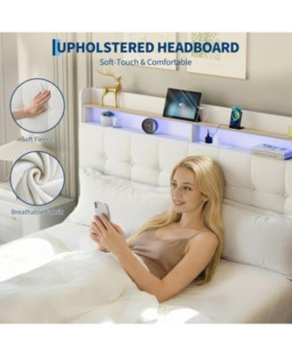 Full Size Bed Frame with 2 Storage Drawers, Upholstered Bed Frame Full LED Light, Double-Layer Bedside Headboard Charging Socket USB