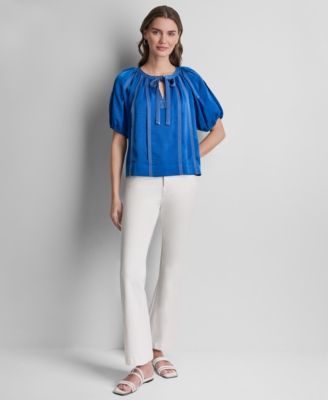 Women's Puff-Sleeve Top Stitch Tie-Front Top