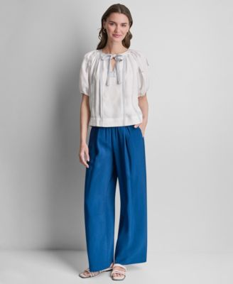 Women's Puff-Sleeve Top Stitch Tie-Front Top