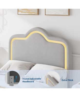 Twin Upholstered LED Platform Bed with Adjustable Headboard Footboard Velvet Princess Bed Kids Wood Slats
