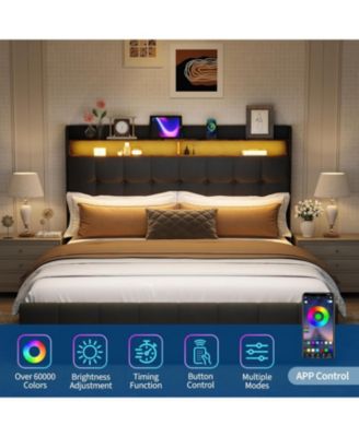 Queen Size Bed Frame with 2 Storage Drawers, Upholstered Bed Frame Queen with LED Light, Double-Layer Bedside Headboard Charging Socket USB