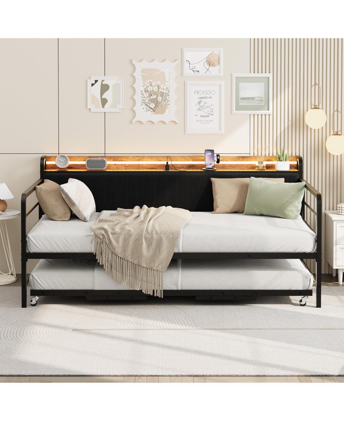 gaomon Daybed with Trundle Bed, Twin Bed Frame Corduroy Upholstered Storage Headboard & Charging Station and Led Light