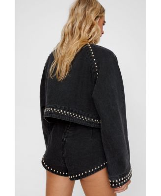 Women's Heart Studded Cropped Denim Jacket