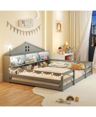 Montessori Floor Bed with Storage Compartments and Shelf
