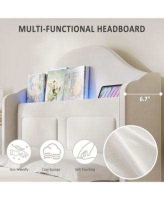 Twin Bed Frame With Led Lights Velvet Wingback Storage Headboard Wooden Slats No Box Spring