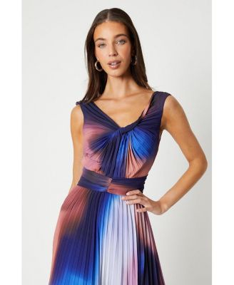 Women's Printed Pleated V-Neck Midi Dress