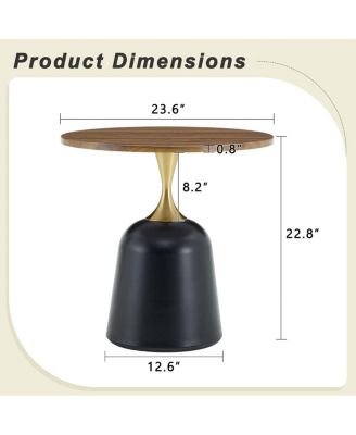 Circular side table with metal base and walnut wood grain