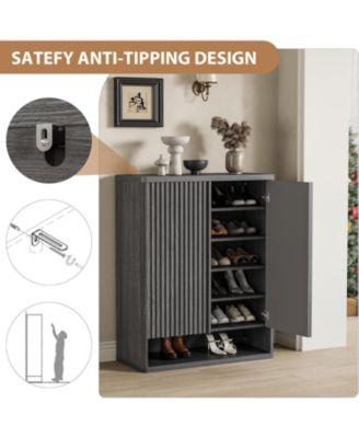 Modern Wooden Shoe Cabinet with Adjustable Shelves and Fluted Door – Narrow Entryway Shoe Organizer