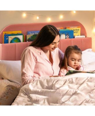 Full Bed Frame Storage Headboard Velvet Upholstered Platform Bed Kids Wood Slats Noise Free