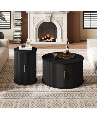 Mid-Century Coffee Table Set, Round Fluted End Table With Storage, Golden Handle and Sliding Tambour Door, Side Table for Living Room