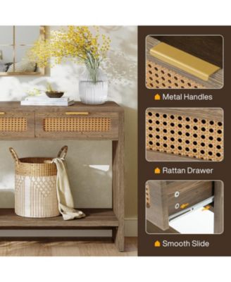 Entryway Table with 3 Rattan Drawers, Narrow Console Sofa Table with 2-Tier Open Storage Shelf