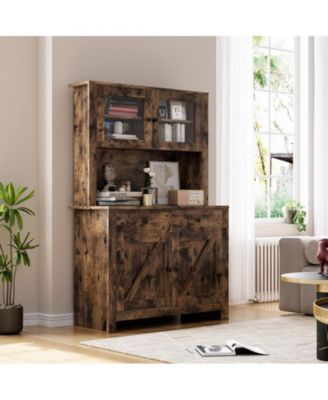 Kitchen Pantry Cabinet with Microwave Stand, Freestanding Hutch Storage Cupboard