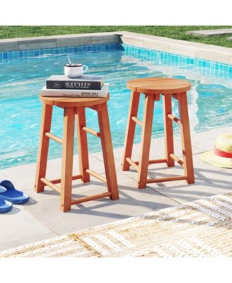 Outdoor Wood Bar Stools Set of 4 w/Round Seat Footrest Patio Backless Barstools