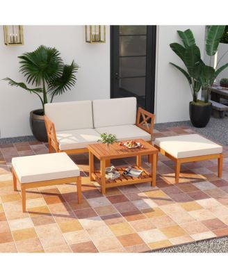 5 PCS Acacia Wood Patio Chaise Lounge Chair Set w/ 2-Tier Coffee Table Cushions