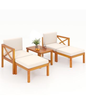 5 PCS Acacia Wood Patio Chaise Lounge Chair Set w/ 2-Tier Coffee Table Cushions