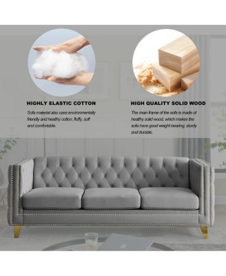 Velvet Sofa for Living Room, Tufted Square Arm Couch, Modern Upholstered Button & Metal Legs