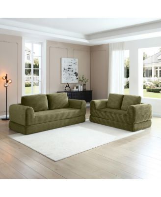 2-in-1 Folding Convertible Sofa Bed, Modern Corduroy Sleeper Couch with 2 Pillows