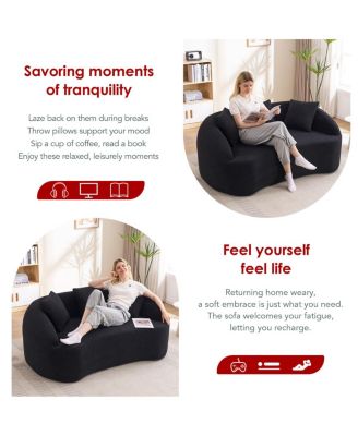  Curved Boneless Sofa Loveseat, 2-Seater Black Chenille Couch with 3 Pillows