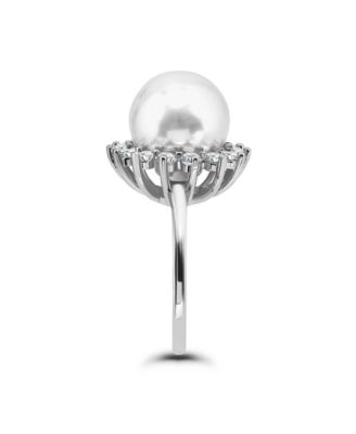 1.0 Cttw 2mm Round Cubic Zirconia Halo 11mm Imitation Pearl on Polish Band Ring
