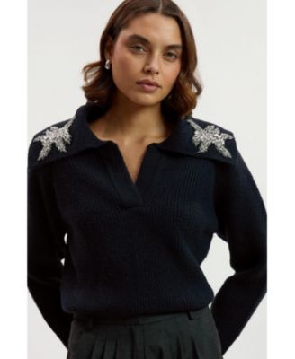 Women's Embellished Collar V Neck Knit Sweater