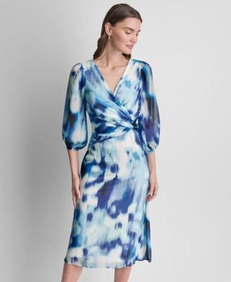 Women's 3/4-Balloon-Sleeve Surplice Neck Knot Front Midi Dress