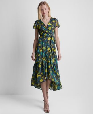 Women's Flutter-Sleeve Faux Wrap Ruffle Hem Midi Dress