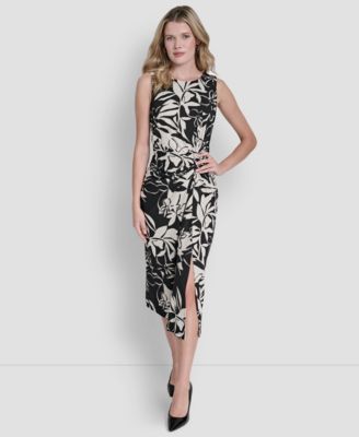 Women's Sleeveless Jewel Neck Side Knot Floral Midi Dress