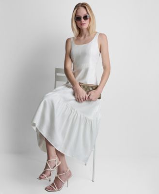 Women's Sleeveless Square Neck Tiered Linen Midi Dress