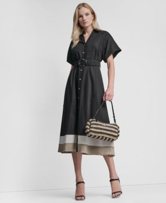 Women's Short-Sleeve Collared Neck Buckle Belt Midi Shirt Dress