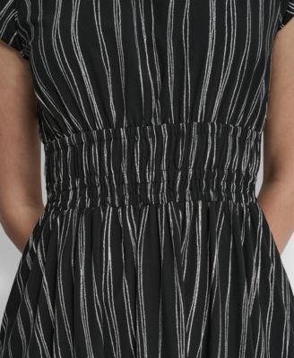 Women's Short Puff-Sleeve Striped Jewel Neck Midi Dress