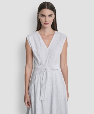 Women's Cap-Sleeve V-Neck Embroidered Midi Dress