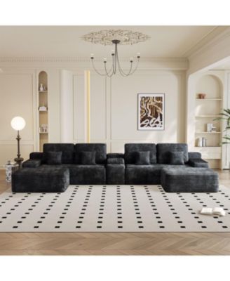 150" Sectional Sofa with 2 Ottomans, Black Corduroy, U-Shaped Couch
