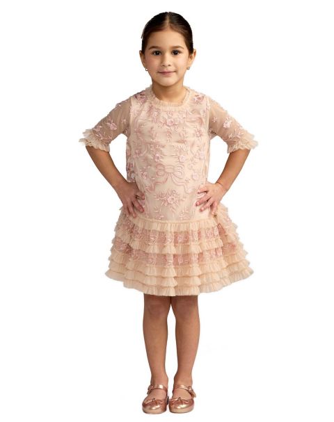 Платье Mac Duggal Micro Ruffle Embroidered Mini Dress для девочек, цвет: Фарфоровый