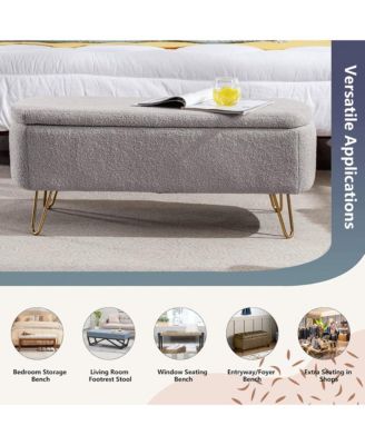 Modern Storage Ottoman Bench - Oval Faux Fur Entryway Bench, End of Bed Bench with Gold Legs for Living Room, Bedroom