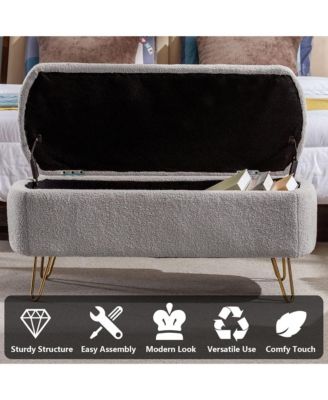Modern Storage Ottoman Bench - Oval Faux Fur Entryway Bench, End of Bed Bench with Gold Legs for Living Room, Bedroom