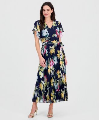 Women's Flutter-Sleeve Pleated Maxi Dress