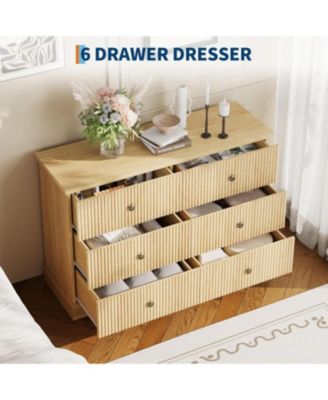 6 Drawer Dresser for Bedroom, Fluted Horizontal Chest of Drawers, 47" Wide Wood Dresser with Metal Handles