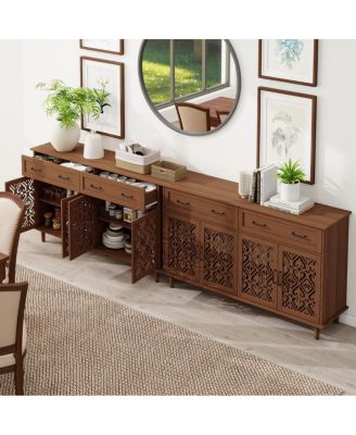 Vintage Sideboard Buffet Cabinet, Hand-Carved Doors, 2 Drawers, 4 Doors
